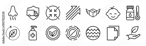 Professional Packaging Features and Industrial Compliance Mono-line Symbols for Sustainable Manufacturing and Commercial Shipping Quality Standards.