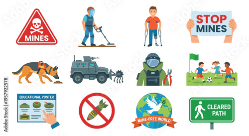 Landmine awareness and demining efforts illustrated with various related icons