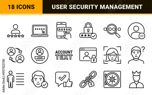 User Account Management and Digital Identity Line Art. Minimalist monoline geometric symbols for cybersecurity and profile authentication.