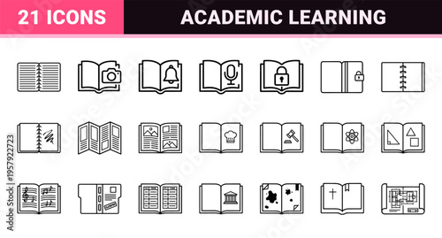 Minimalist Monoline Open Book Line Art Graphic Set for Publishing Educational Learning and Editorial Design Utility