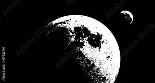 Moon with craters and distant Earth vector illustration in space isolated on white background

