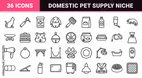 Minimalist Pet Care and Veterinary Medicine Line Art; Geometric Monoline Symbols for Animal Health, Grooming, and Domestic Pet Supplies.