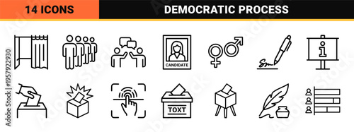 Democratic Election and Government Voting System Icon Set, Minimalist Monoline Outline Style for Civic Participation and Digital Polls