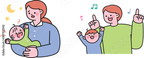 Parents singing lullabies and playful songs to their children at different times of day.