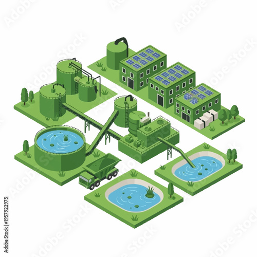 Industrial Water Treatment Plant with Solar Power and Recycling Ponds.