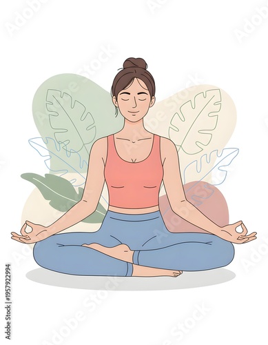 Illustration of A beautiful young woman is meditating in the lotus position with a calm smile to practice mindfulness and relieve stress.