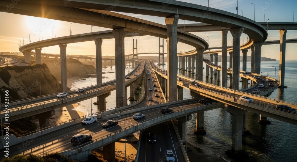 Fototapeta premium Spectacular Urban Interchange at Sunset Scenic Highway Aerial View