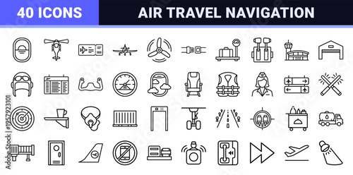 Aviation and Air Travel Minimalist Monoline Geometric Line Art Set for Professional Airport Logistics and Flight Navigation Interface.