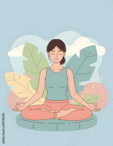 Illustration of A beautiful young woman is meditating in the lotus position with a calm smile to practice mindfulness and relieve stress.