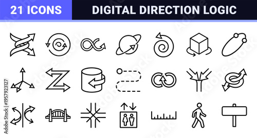 Abstract 3D Rotation and Spatial Navigation Symbols Featuring Minimalist Geometric Line Art for Modern Interface Design and Wayfinding Systems