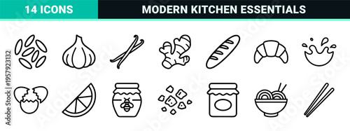 Professional Culinary Ingredients and Kitchen Essentials Minimalist Monoline Icon Set Featuring Geometric Line Art for Modern Cooking Apps