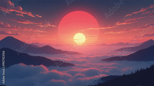 Vector sunset over mountains with clouds