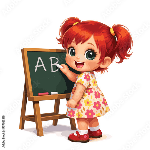 A cute cartoon vector of a little girl writing letters A and B on a chalkboard, designed with playful shapes and bright details to create a fun and cheerful learning scene.