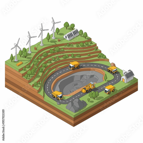 Isometric view of open pit mine with wind turbines.