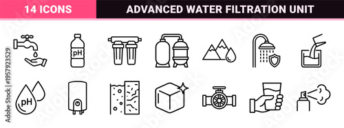 Pure Hydration and Water Filtration Systems Minimalist Monoline Icons for Commercial Plumbing, Sanitary Engineering, and Laboratory Utility.