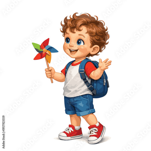 A cute cartoon vector of a little boy going to school with a backpack, holding a paper pinwheel, designed with playful shapes to create a fun and cheerful scene.