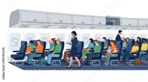 Modern flat vector illustration of diverse passengers inside an airplane cabin with a flight attendant serving drinks in the aisle during a commercial flight.