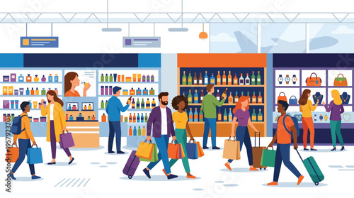 Diverse Travelers Shopping in Duty-Free Airport Terminal with Luggage and Shopping Bags, Vector Illustration of People Browsing Luxury Goods Before Flight.