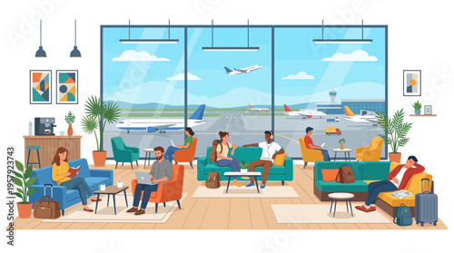 Modern Airport Lounge Vector Illustration with Diverse People Waiting, Working on Laptops, and Relaxing While Airplanes Take Off Outside the Large Windows.