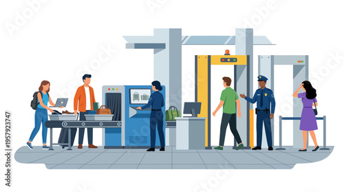 Airport Security Checkpoint Illustration Featuring Passengers Scanning Luggage Through X-ray Machine and Walking Through Metal Detector Gates with Guard Staff.
