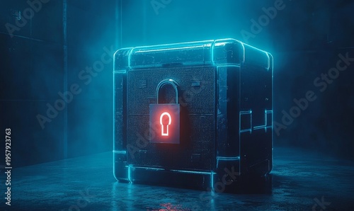 Network server with a lock, emphasizing cybersecurity for cloud computing, system protection, and safety. A symbol of privacy and information technology, highlighting security, Generative AI