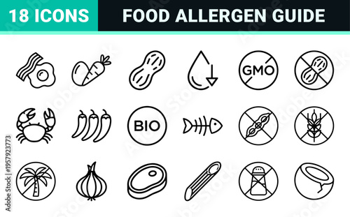 Minimalist monoline dietary restriction and food allergen label set for commercial packaging and restaurant menu interface design.