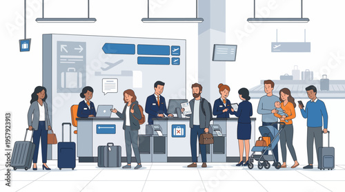 Busy airport terminal check-in scene with diverse travelers and professional staff at counters, featuring luggage, families, and modern flat vector design art.