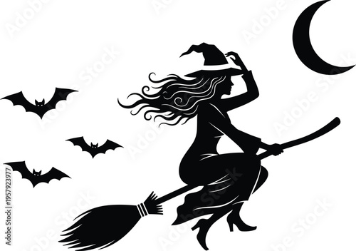 Flying witch silhouette with bats and crescent moon, spooky Halloween night scene, magical fantasy character, dark theme, flat vector illustration