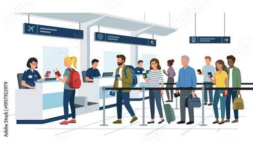 Diverse group of passengers standing in a long queue at an airport check-in counter with professional staff, holding passports and luggage in flat vector art.