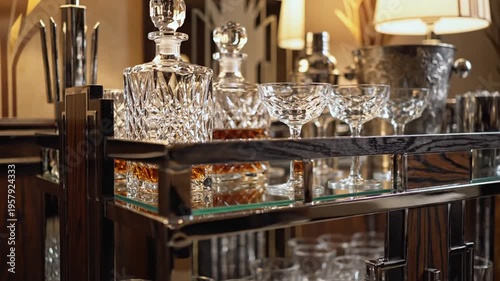 Elegant bar cart with crystal decanters and glasses in art deco setting