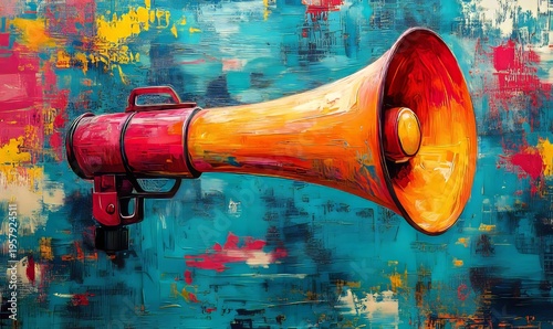 Megaphone symbolizing vibrant art and freedom of expression. A dynamic and energetic communication through art reflecting liberty, creativity, and social change. Visual messaging, Generative AI
