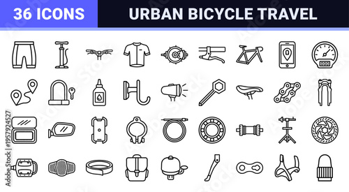 Urban Cycling and Professional Bicycle Components Geometric Line Art Outline Symbols for Modern Transportation and Sustainable Mobility Design