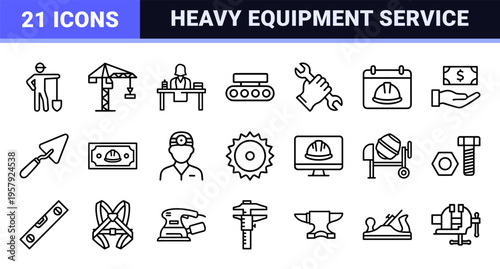 Industrial Construction and Manual Labor Monoline Grid; Minimalist Geometric Outline Symbols for Professional Engineering and Trades.