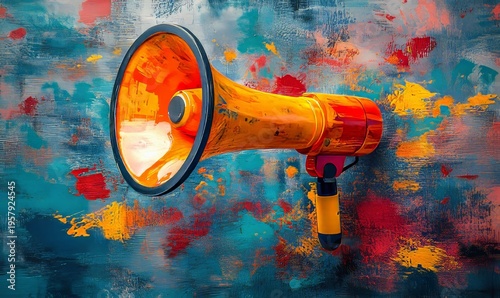 Megaphone symbolizing vibrant art and freedom of expression. A dynamic and energetic communication through art reflecting liberty, creativity, and social change. Visual messaging, Generative AI