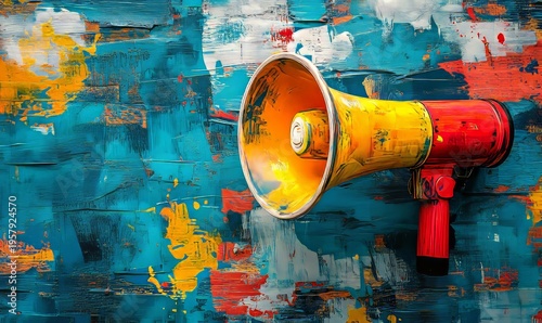 Megaphone symbolizing vibrant art and freedom of expression. A dynamic and energetic communication through art reflecting liberty, creativity, and social change. Visual messaging, Generative AI