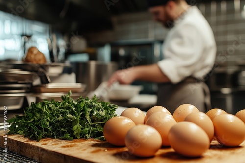 Food, kitchen setup, and eggs for an English breakfast in a restaurant, emphasizing health, hospitality, and nutrition. Closeup of British cuisine for dinner with focus on cooking, Generative AI