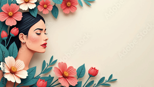 Vector illustration of woman's face surrounded by flowers