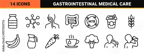 Gastroenterology and Digestive Health Line Art, Minimalist Monoline Symbols for Medical Wellness, Metabolism and Internal Anatomy.
