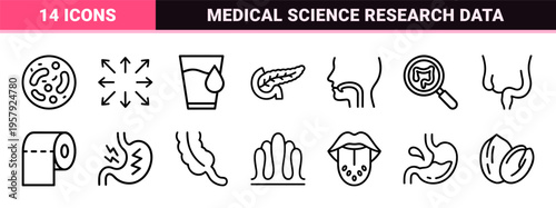 Gastroenterology and Digestive Health Line Art Symbols for Medical Apps, Gut Microbiome Research, and Nutritional Science Interface Design