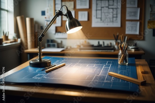 Architect's Desk with Blueprints and Drafting Lamp