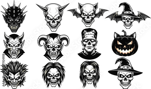 Halloween skull characters set with demon vampire witch pumpkin and monster faces, dark flat vector illustration for horror spooky design
