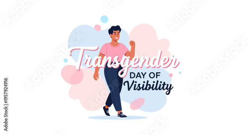Illustration of a person celebrating Transgender Day of Visibility with a colorful design and text in a supportive and inclusive concept.