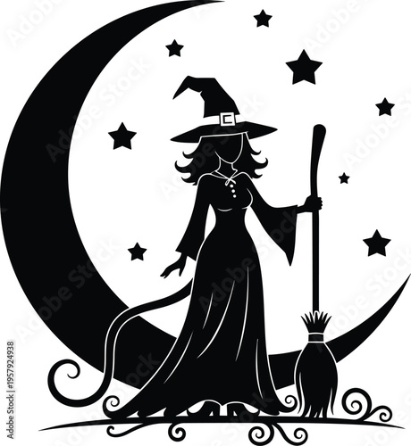 Halloween witch silhouette with moon and stars, magical fantasy character, spooky night scene, sorcery theme, flat vector illustration