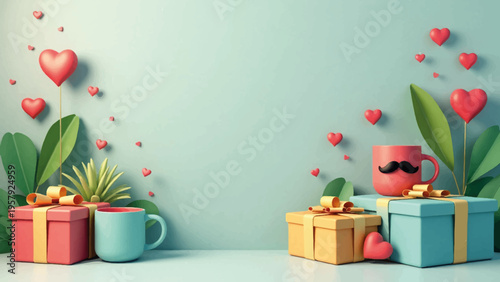 Vector Valentine's Day gift and plant illustration with hearts
