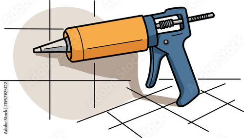 Illustration of a caulking gun with orange barrel and blue handle sitting on a light backdrop with grid lines, suitable for home improvement projects and DIY tasks.