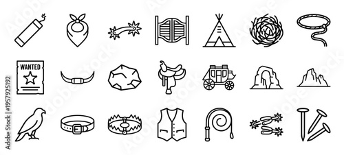 Wild West Frontier Lifestyle Minimalist Monoline Geometric Line Art Symbols for Creative Branding and UI Design Projects.