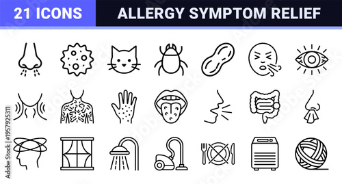 Allergy and Immunology Medical Line Art Set Featuring Minimalist Monoline Symbols for Healthcare Diagnostics and Allergen Awareness.