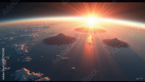 Vector sunrise over mountains and clouds