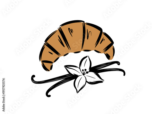 A simple brown croissant rests above a black outline of a vanilla flower and pods