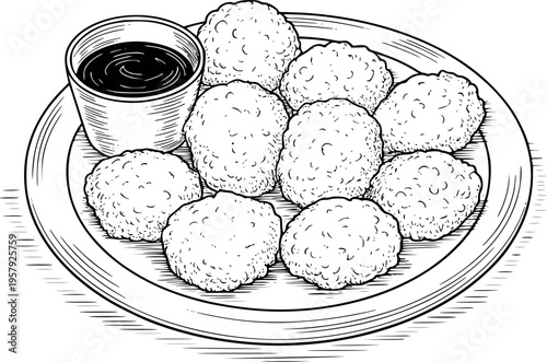 Black and white line of a plate of chicken nuggets with dipping sauce food
